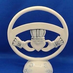 Vintage “KNOCK POTTERY” White Ceramic Claddagh Ring, Wedding Cake Topper Display